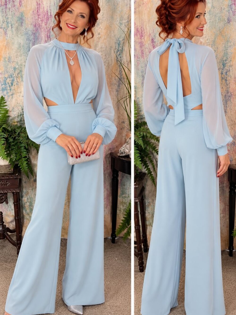 New 📌Fashion Nova Blue Long Sleeve Plunging Neckline Cutout Wide Leg Jumpsuit